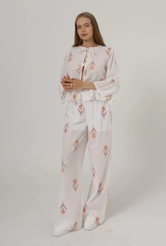 İşlemeli Oversize Pantolon - Beyaz