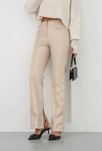 İspanyol yırtmaçlı paça deri pantolon bej hn