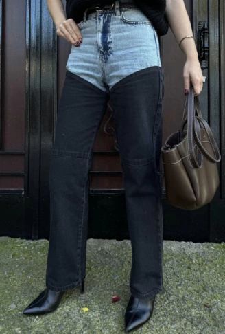 Jeans Kot Parçalı Palazzo Pantolon - Siyah