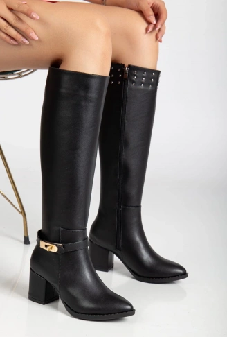Jeoli Siyah Cilt Topuklu Çizme