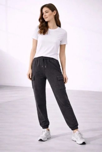 Jogger Eşofman Altı Rahat Kalıp, Kargo Cepli, Lastikli Paça, Günlük Spor Pantolon - Füme