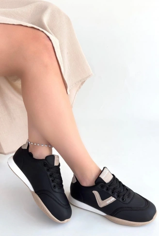 Jowen Siyah Cilt Bej Detaylı Bağcıklı Spor Ayakkabı