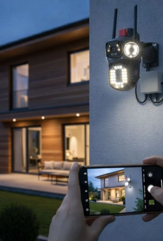 Kablolu Akıllı Güvenlik Kamerası – 4 Kameralı Çok Lensli, 360° PTZ Hareketli, Çift Antenli, Gece Görüşlü, Dış Mekan IP Kamera (4940)