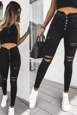 Kadın 5 Düğmeli V Detay Bel Yırtık Kot