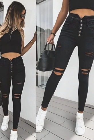 Kadın 5 Düğmeli V Detay Bel Yırtık Kot Pantolon