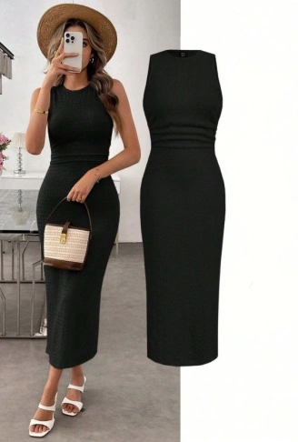 Kadın Askılı Bisiklet Yaka Beli Büzgülü Uzun Bürümcük Elbise