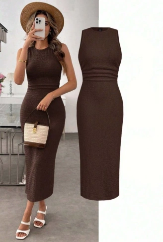 Kadın Askılı Bisiklet Yaka Beli Büzgülü Uzun Bürümcük Elbise