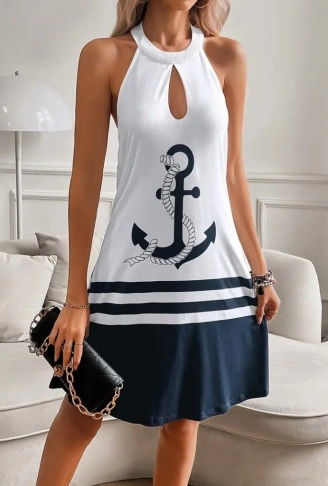 Kadın Askılı çıpa Baskılı Sırtı Açık Kısa Süprem Elbise