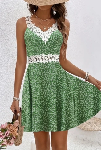 Kadın Askılı Dantel Yakalı çiçek Desenli Süprem Elbise