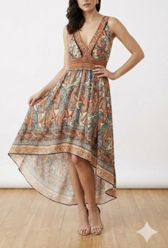 Kadın Askılı Derin Göğüs Detaylı Asimetrik Detaylı Süprem Elbise