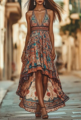 Kadın Askılı Derin Göğüs Detaylı Asimetrik Detaylı Süprem Elbise