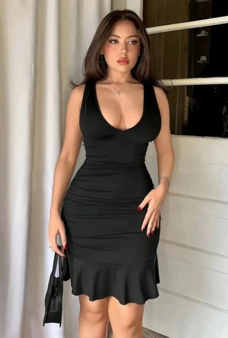 Kadın Askılı Derin V Dekolteli Fırfırlı Janjan Krep Elbise