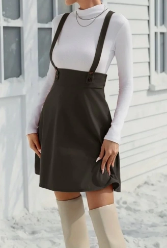 Kadın Askılı Düğmeli Mini Süet Elbise