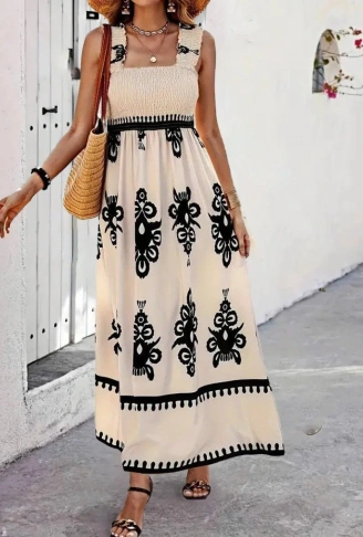 Kadın Askılı Kare Yaka Gipe Detaylı Desenli Suprem Elbise