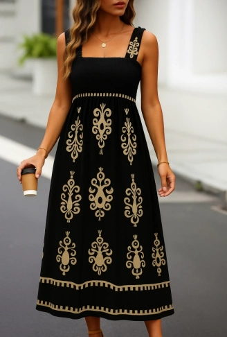 Kadın Askılı Kare Yaka Gipe Detaylı Desenli Suprem Elbise