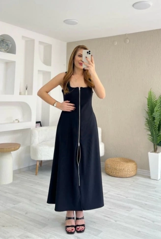 Kadın Askılı Kare Yaka önden Fermuarlı Geniş Kesim Janjan Krep Elbise