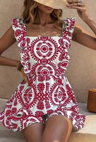 Kadın Askılı Kare Yakalı Arkadan Bağcıklı Desenli Keten Tulum