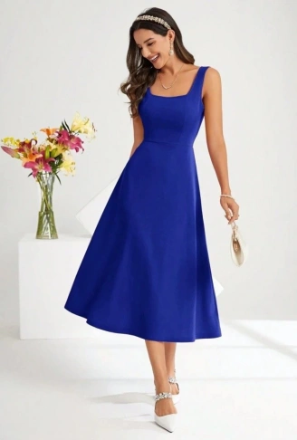 Kadın Askılı Kare Yakalı Midi Ithal Krep Elbise