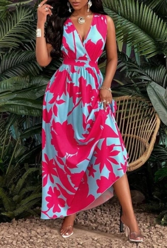 Kadın Askılı Kruvaze Yakalı çiçek Desenli Uzun Süprem Elbise