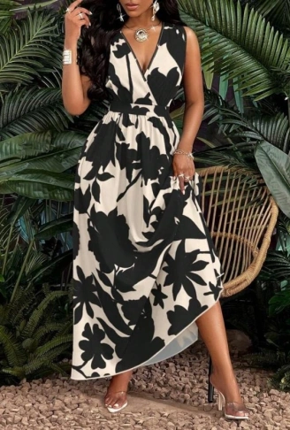 Kadın Askılı Kruvaze Yakalı çiçek Desenli Uzun Süprem Elbise