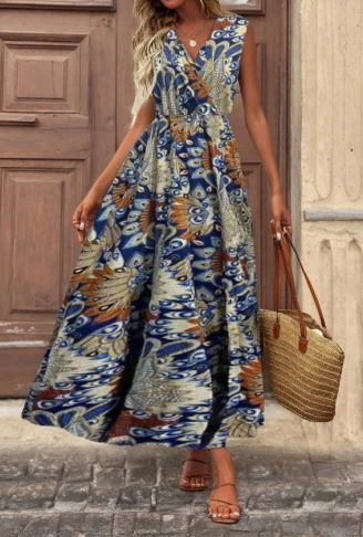 Kadın Askılı Kruvaze Yakalı Uzun Desenli Kemersiz Süprem Elbise