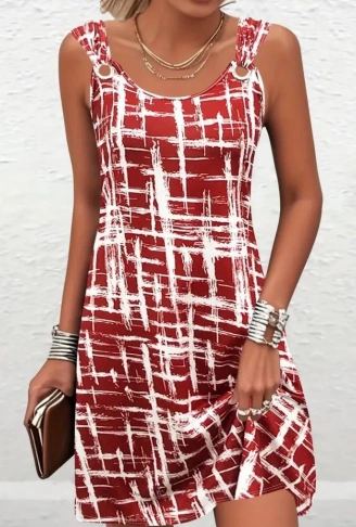 Kadın Askılı Kuş Gözü Detaylı Desenli Süprem Elbise