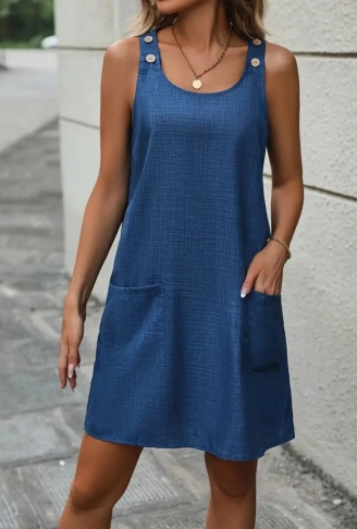 Kadın Askılı Omuzlardan Düğmeli Yuvarlak Yaka Cepli Keten Elbise