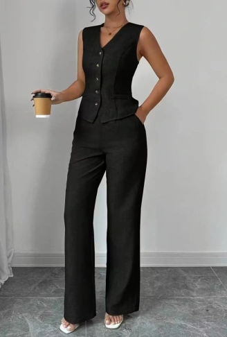 Kadın Askılı önden Düğmeli Bluz Ve Pantolon Keten Ikili Takım