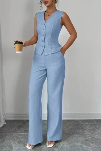 Kadın Askılı önden Düğmeli Bluz Ve Pantolon Keten Ikili Takım