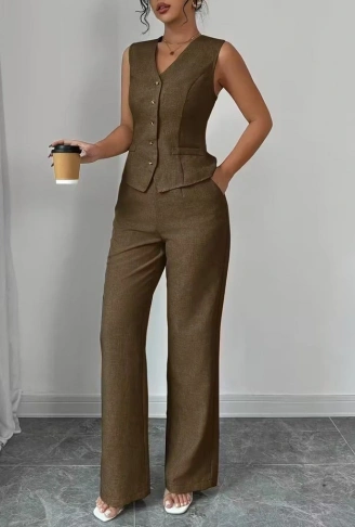 Kadın Askılı önden Düğmeli Bluz Ve Pantolon Keten Ikili Takım