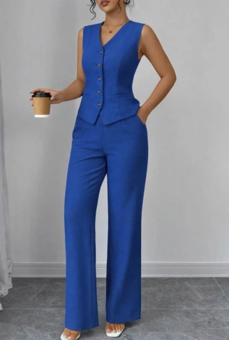 Kadın Askılı önden Düğmeli Bluz Ve Pantolon Keten Ikili Takım