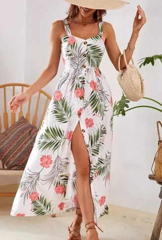 Kadın Askılı önden Düğmeli Yaprak Desenli Uzun Süprem Elbise