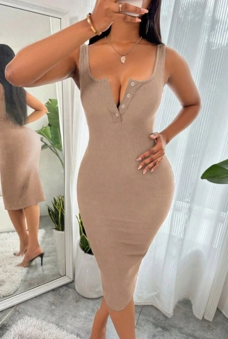 Kadın Askılı önü Düğmeli Midi Kaşkorse Elbise