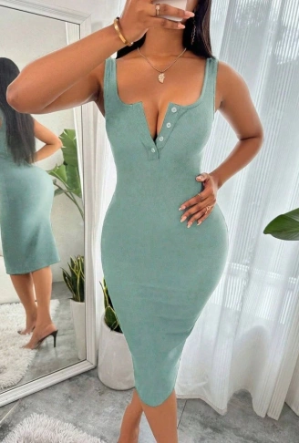 Kadın Askılı önü Düğmeli Midi Kaşkorse Elbise