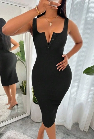 Kadın Askılı önü Düğmeli Midi Kaşkorse Elbise