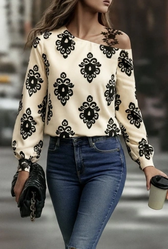 Kadın Askılı Uzun Kollu Omuzlardan Açık Desenli Mosskrep Bluz