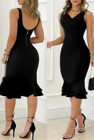 Kadın Askılı V Yaka Arkadan Fermuarlı Dalgıç Elbise