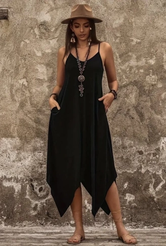 Kadın Askılı V Yakalı Cep Detaylı Asimetrik Kesim Detaylı Viskon Elbise