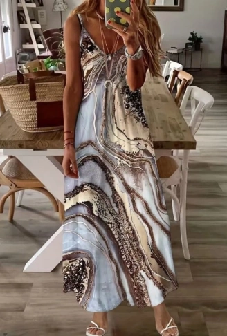 Kadın Askılı V Yakalı Desenlı Uzun Süprem Elbise