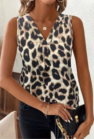 Kadın Askılı V Yakalı Leopar Desenli Süprem Bluz