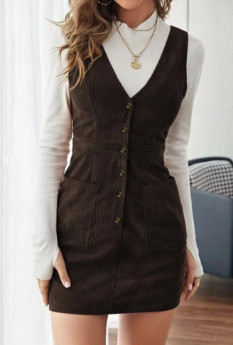 Kadın Askılı V Yakalı önden Düğmeli Mini Kalın Fitilli Kadife Elbise