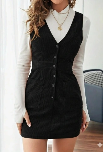 Kadın Askılı V Yakalı önden Düğmeli Mini Kalın Fitilli Kadife Elbise