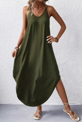 Kadın Askılı V Yakalı Uzun Viskon Elbise