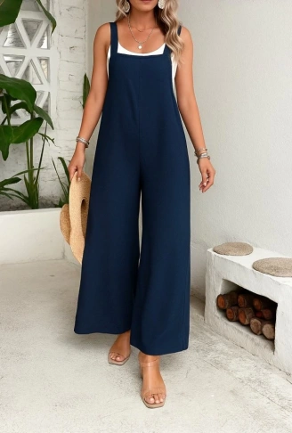 Kadın Askılı Yandan Fermuarlı Geniş Paçalı Valencia Tulum