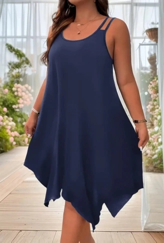 Kadın Askılı Yuvarlak Asimetrik Kesim Detaylı Viskon Elbise