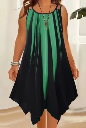 Kadın Askılı Yuvarlak Yaka Asimetrik Detaylı Desenli Süprem Elbise