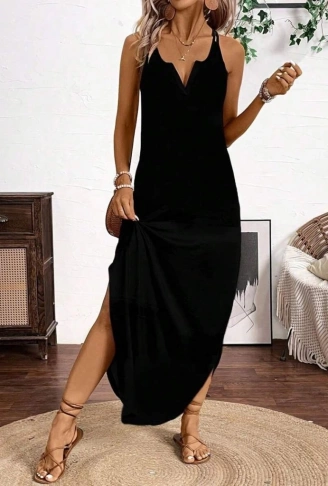 Kadın Askılı Yuvarlak Yaka Asimetrik Detaylı Viskon Elbise