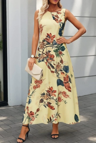 Kadın Askılı Yuvarlak Yaka Cepli Desenli Süprem Elbise