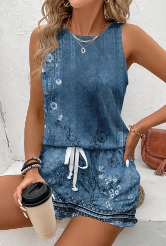 Kadın Askılı Yuvarlak Yaka çiçek Baskılı Süprme Bluz Ve Short Ikili Takım