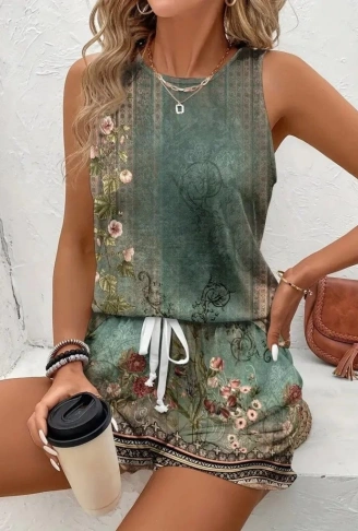 Kadın Askılı Yuvarlak Yaka çiçek Baskılı Süprme Bluz Ve Short Ikili Takım